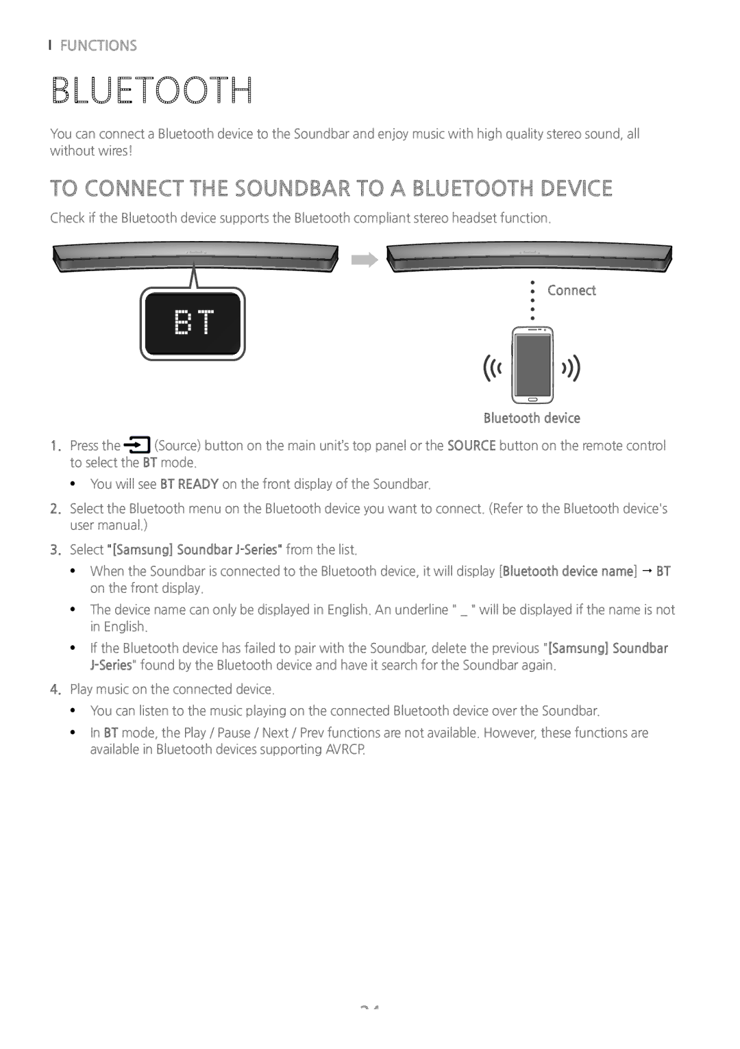 Samsung HW-J6001/TK, HW-J6000/EN, HW-J6001/EN To Connect the Soundbar to a Bluetooth Device, Connect Bluetooth device 