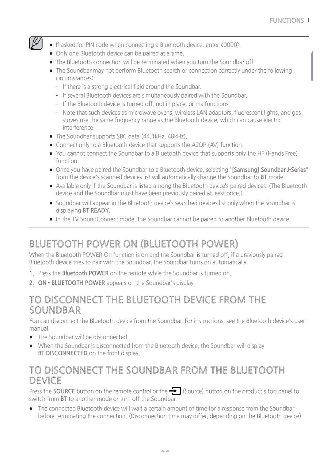 Samsung HW-J6000/EN, HW-J6001/TK Bluetooth Power on Bluetooth Power, To Disconnect the Bluetooth Device from the Soundbar 