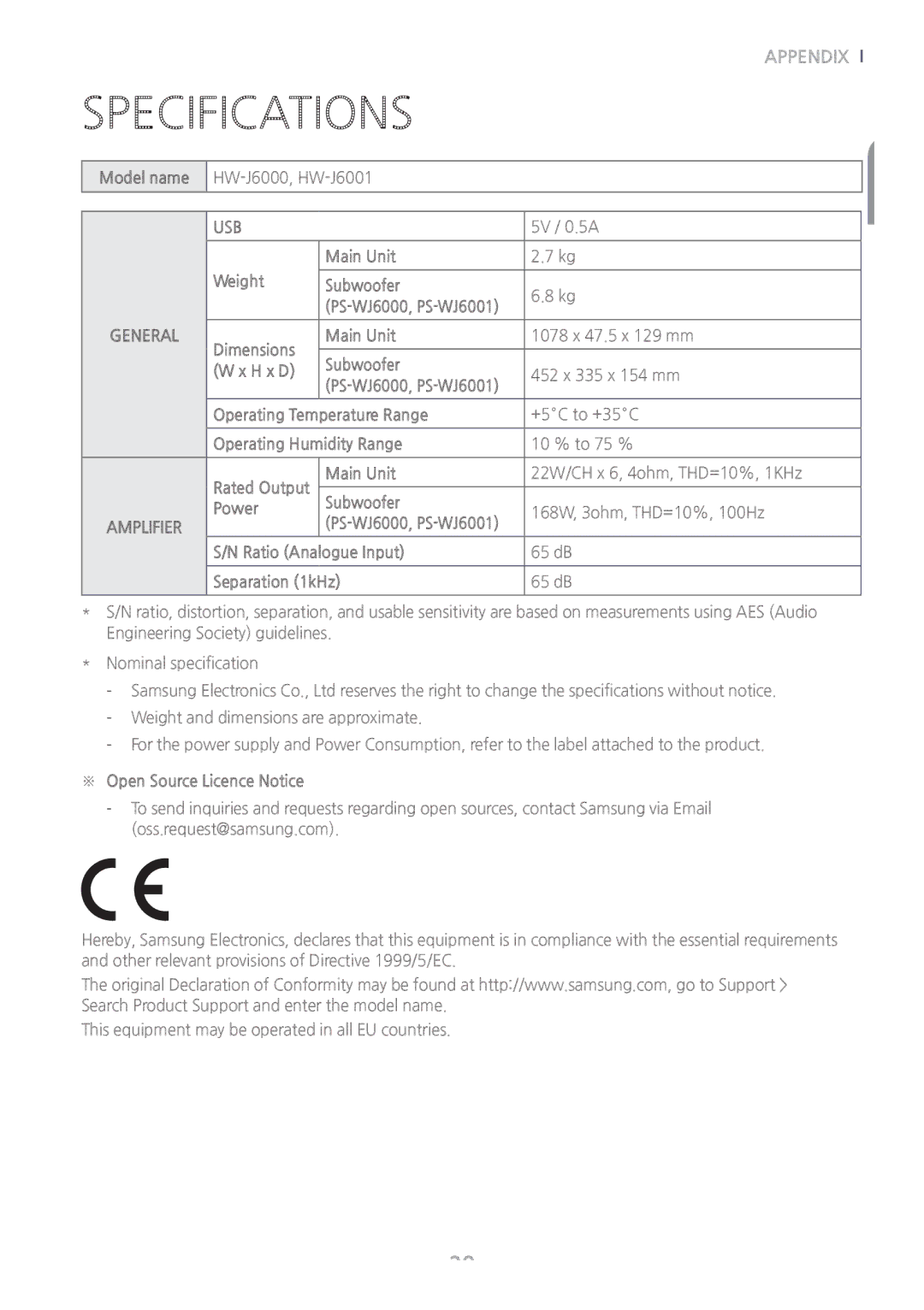 Samsung HW-J6001/XN, HW-J6001/TK, HW-J6000/EN, HW-J6001/EN, HW-J6001/ZF, HW-J6000/ZF, HW-J6011/XE manual Specifications, Usb 