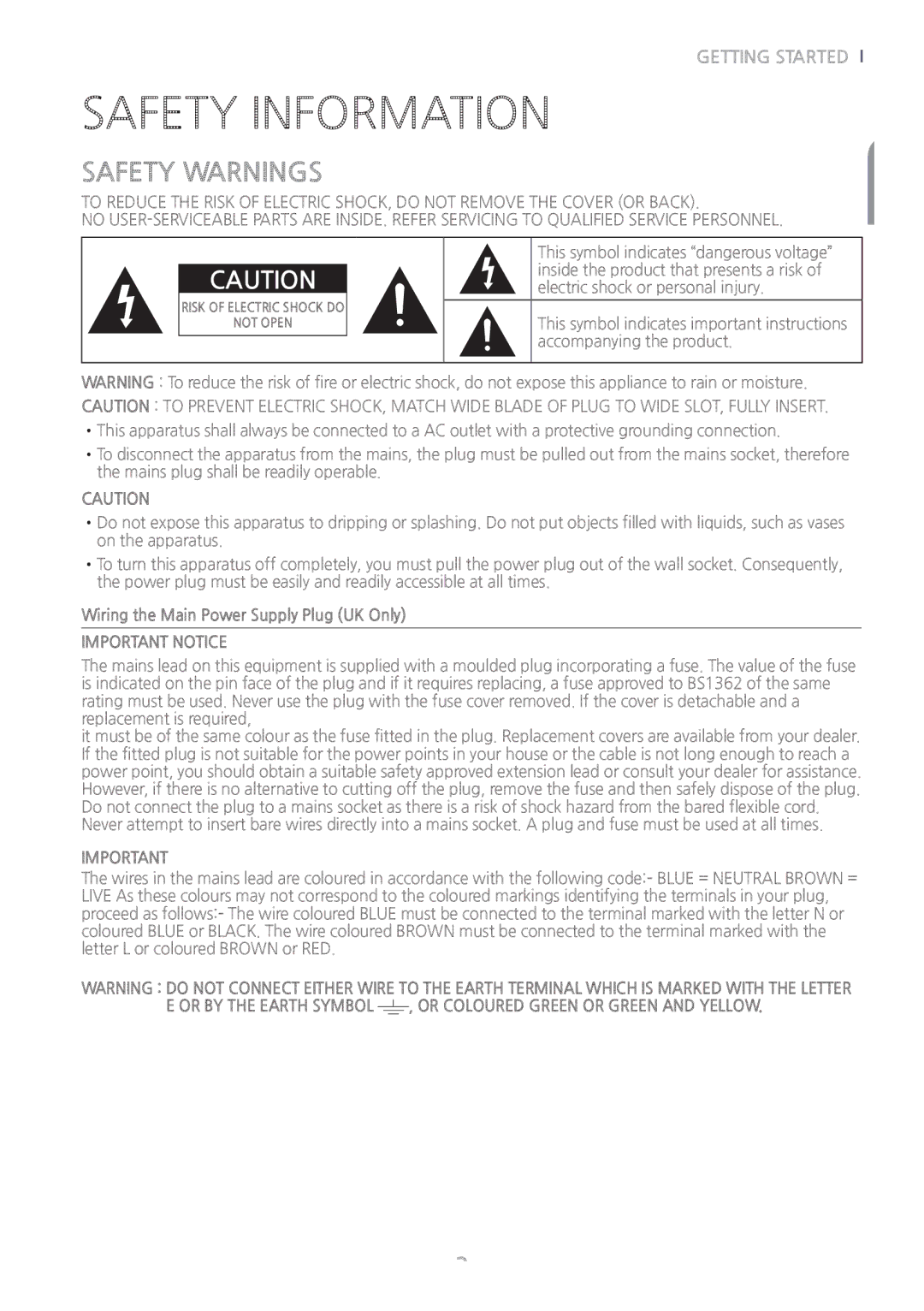 Samsung HW-J6001/ZF manual Safety Information, Safety Warnings, Wiring the Main Power Supply Plug UK Only, Important Notice 