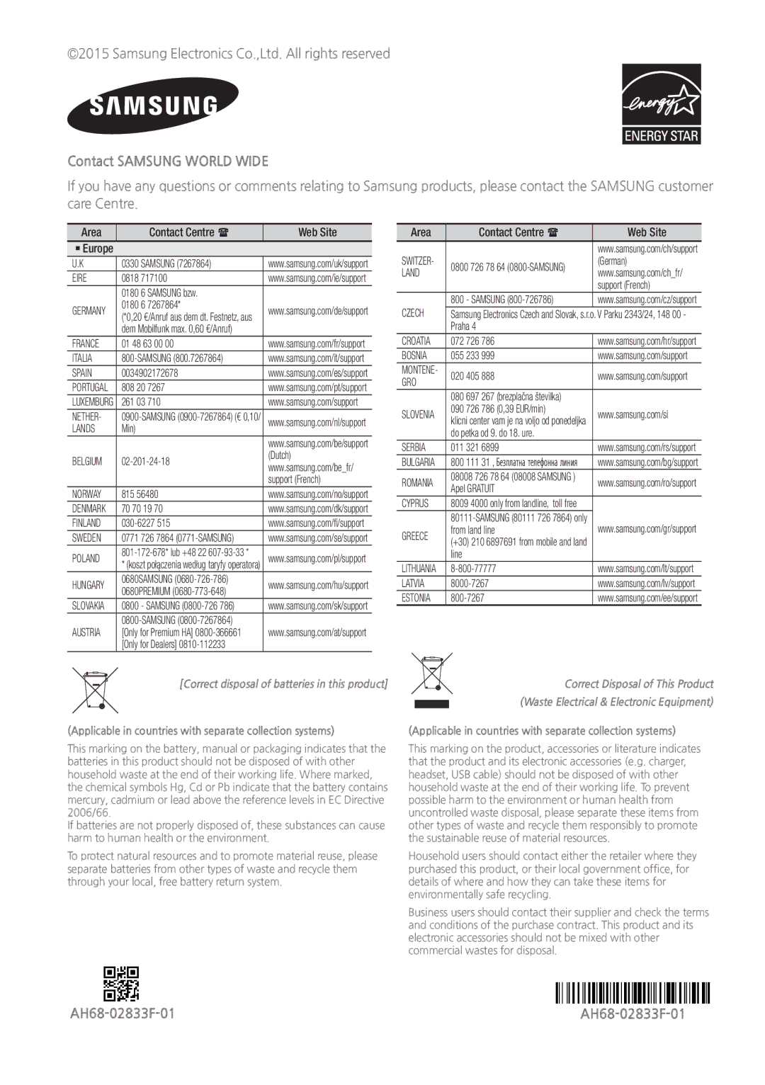 Samsung HW-J6010/XE, HW-J6001/TK, HW-J6000/EN, HW-J6001/EN, HW-J6001/ZF manual Contact Samsung World Wide, AH68-02833F-01 