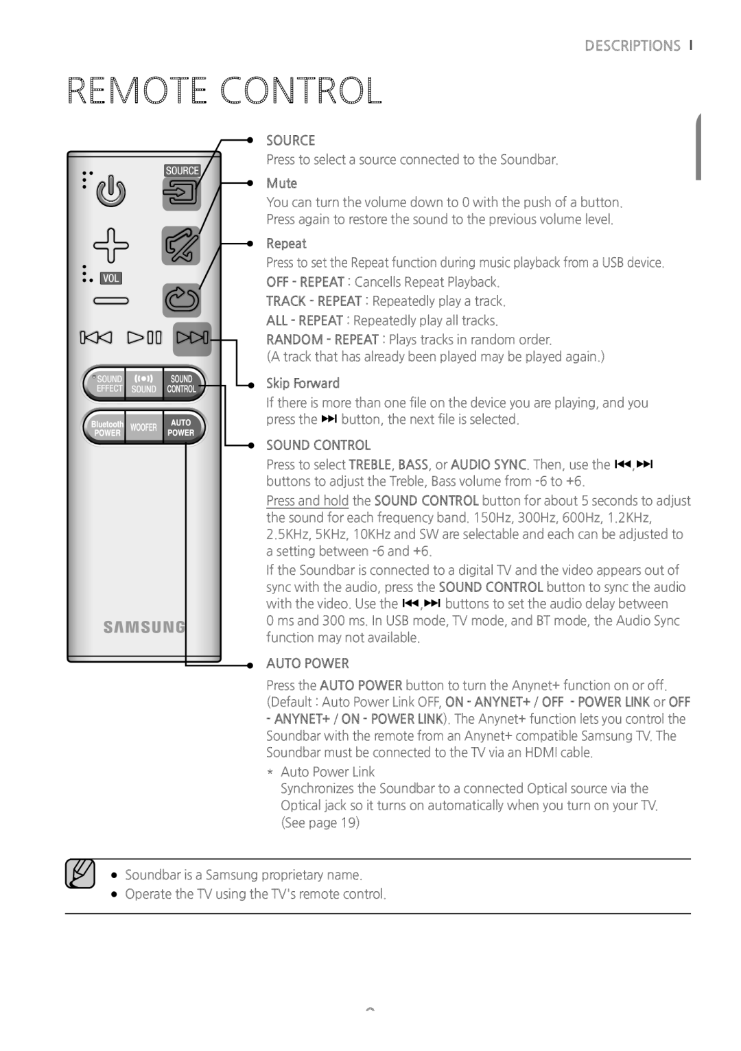 Samsung HW-J6000/EN, HW-J6001/TK, HW-J6001/EN, HW-J6001/ZF, HW-J6000/ZF Remote Control, Source, Sound Control, Auto Power 