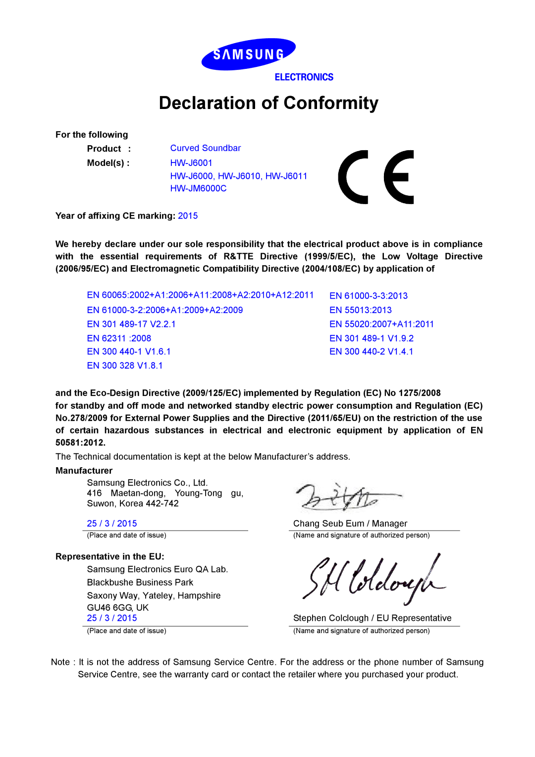 Samsung HW-J6000/EN, HW-J6001/TK manual Declaration of Conformity, For the following Product, Models, Manufacturer 