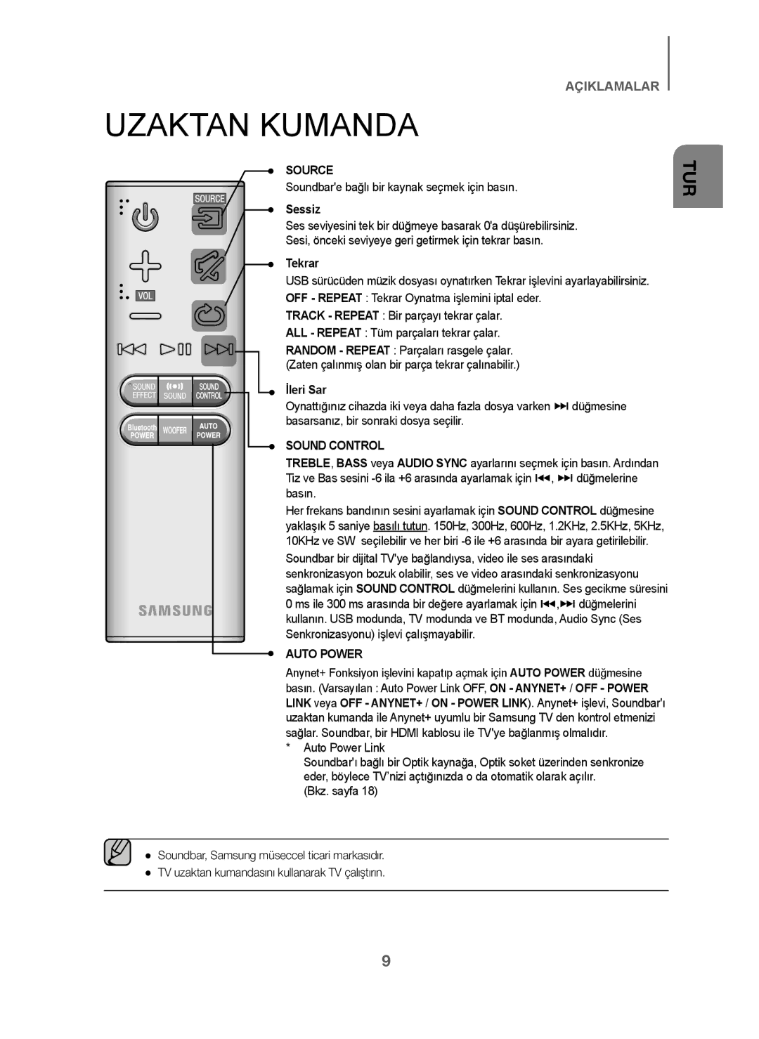 Samsung HW-J6001/ZF, HW-J6001/TK Uzaktan Kumanda, Soundbare bağlı bir kaynak seçmek için basın, Sessiz, Tekrar, İleri Sar 