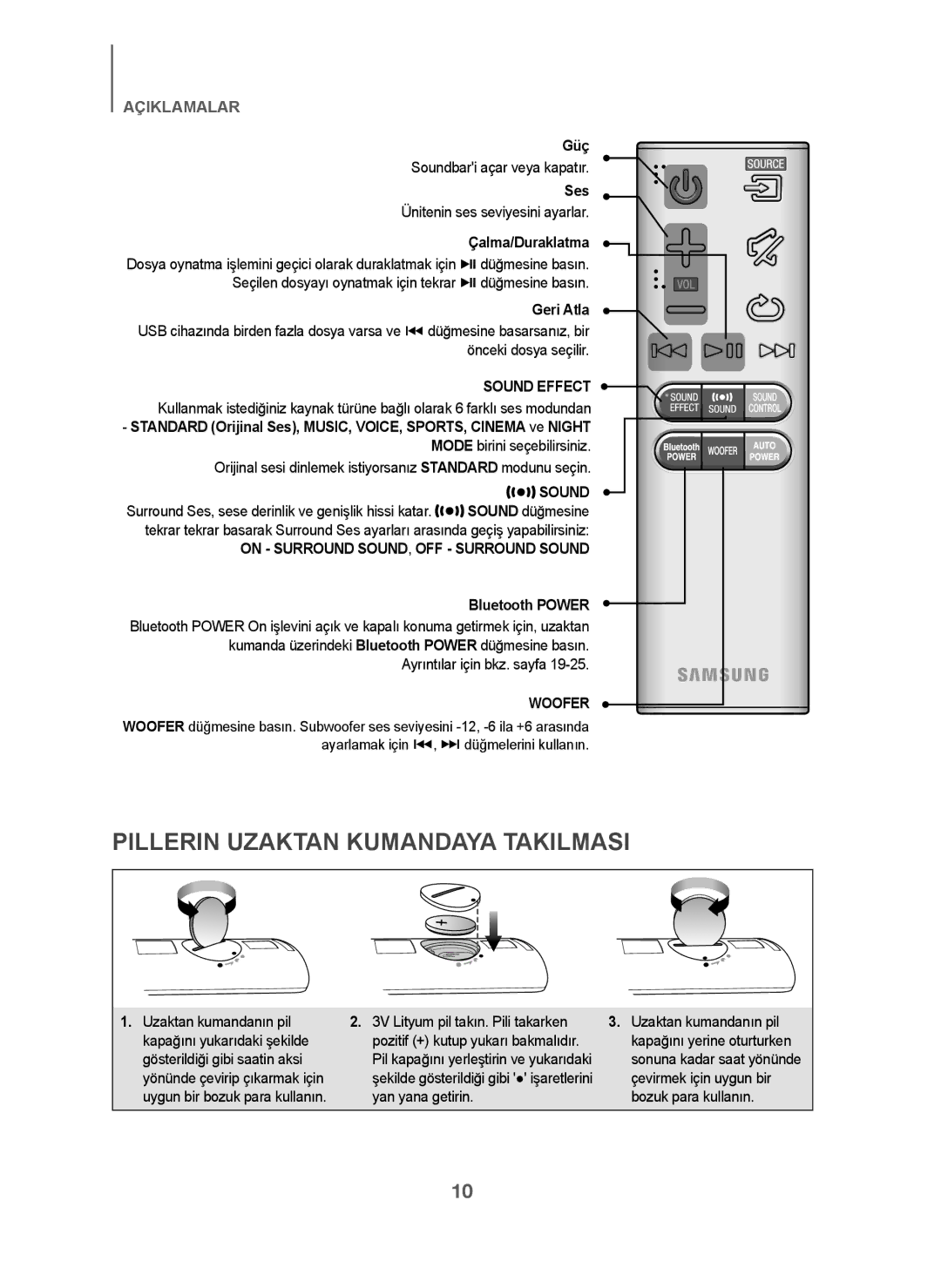 Samsung HW-J6001/TK, HW-J6001/EN, HW-J6001/ZF Pillerin Uzaktan Kumandaya Takilmasi, Güç, Ses, Çalma/Duraklatma, Geri Atla 