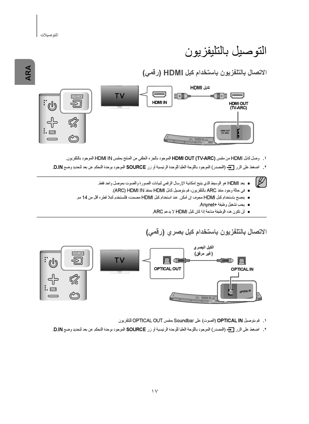 Samsung HW-J6001/UM manual ﻥﻭﻳﺯﻔﻳﻠﺗﻟﺎﺑ ﻝﻳﺻﻭﺗﻟﺍ, ﻲﻣﻗﺭ Hdmi ﻝﺑﻛ ﻡﺍﺩﺧﺗﺳﺎﺑ ﻥﻭﻳﺯﻔﻠﺗﻟﺎﺑ ﻝﺎﺻﺗﻻﺍ, Hdmi ﻝﺑﺎﻛ, ﻱﺭﺻﺑﻟﺍ ﻝﺑﻛﻟﺍ ﻕﻓﺭﻣ ﺭﻳﻏ 