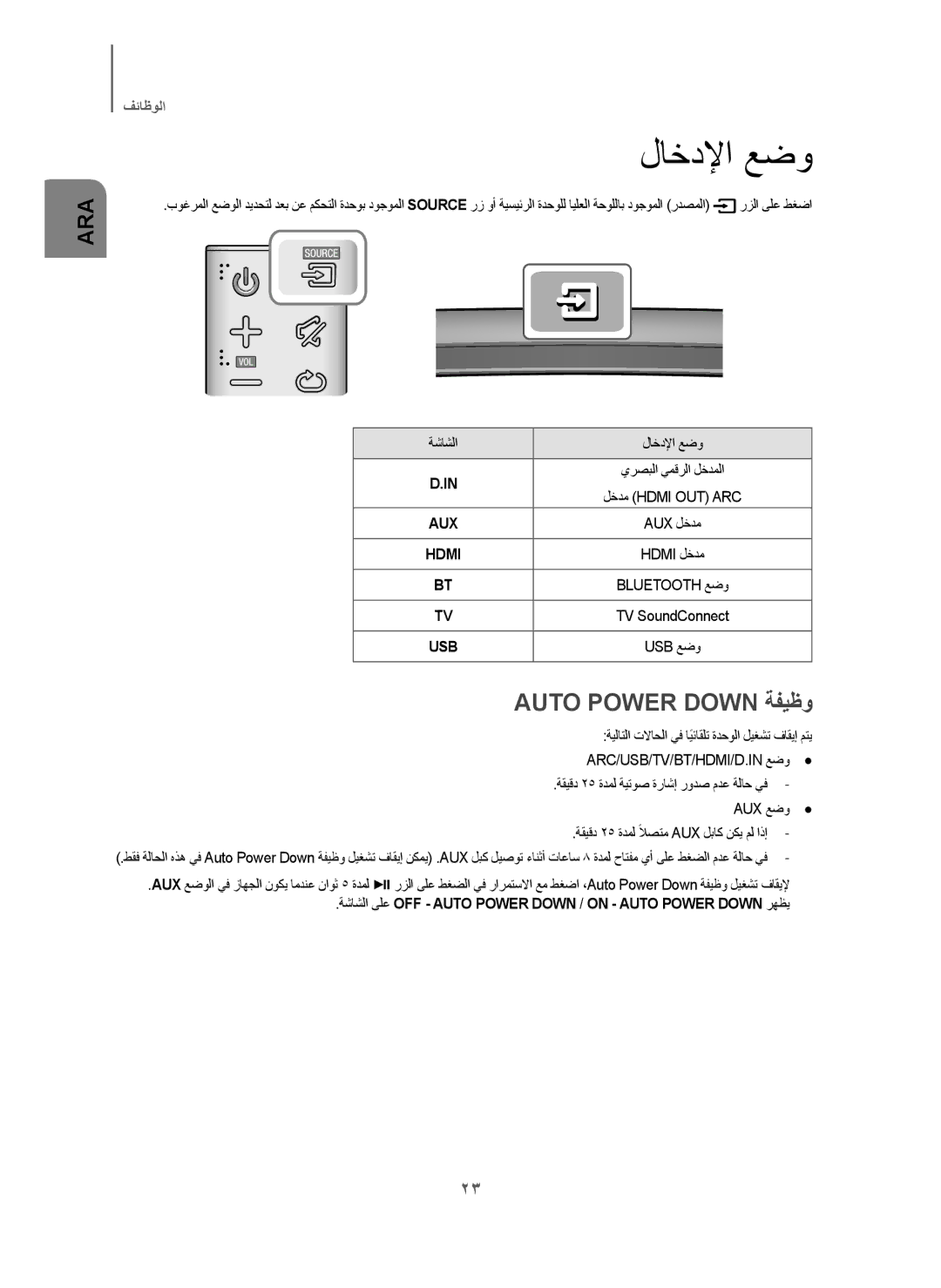 Samsung HW-J6001/UM manual ﻝﺎﺧﺩﻹﺍ ﻊﺿﻭ, Auto Power Down ﺔﻔﻳﻅﻭ, ﺔﺷﺎﺷﻟﺍ ﻰﻠﻋ OFF Auto Power Down / on Auto Power Down ﺭﻬﻅﻳ 