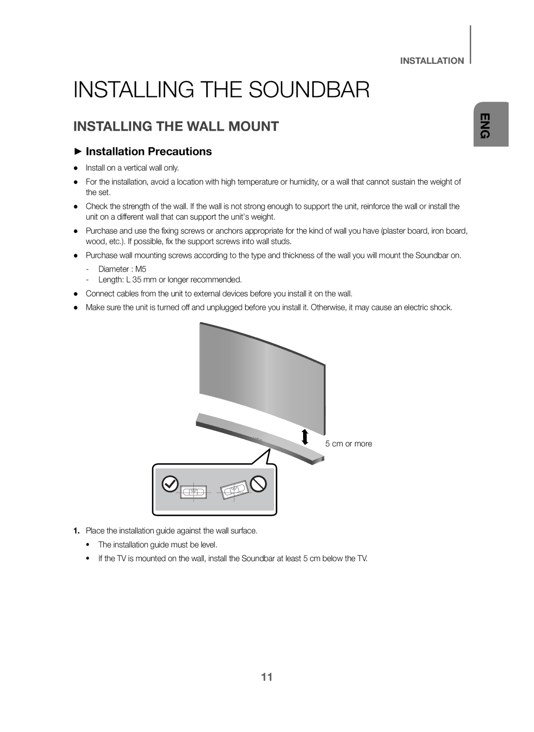 Samsung HW-J6001/XV manual Installing the Soundbar, Installing the Wall Mount, + Installation Precautions 