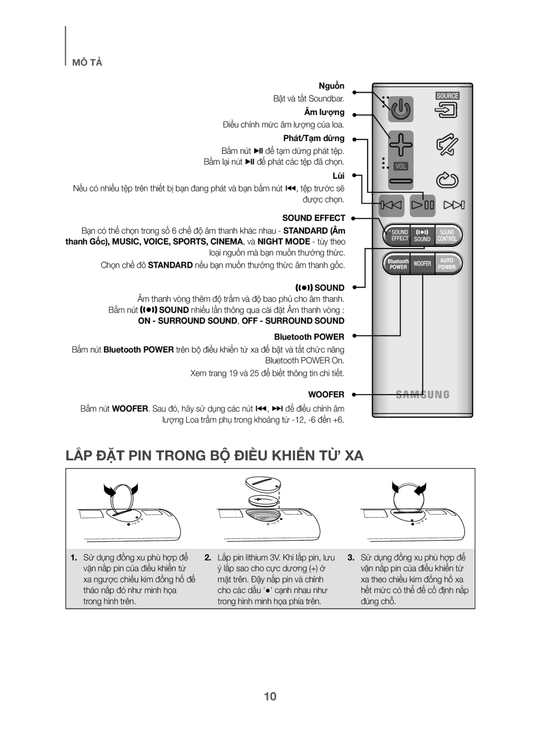 Samsung HW-J6001/XV manual LẮP ĐẶT PIN Trong BỘ Điều Khiển TỪ XA, Nguồn, Âm lượng, Phát/Tạm dừng, Lùi 