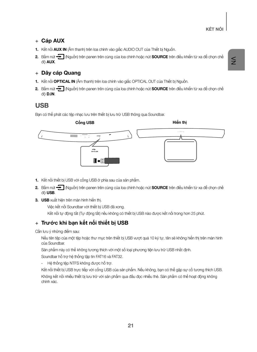 Samsung HW-J6001/XV manual + Cáp AUX, + Dây cáp Quang, + Trước khi bạn kết nối thiết bị USB, Cổng USB 