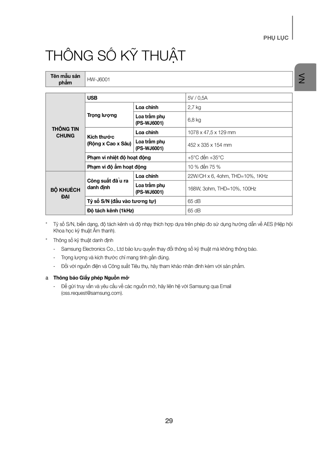 Samsung HW-J6001/XV manual Thông SỐ KỸ Thuật 