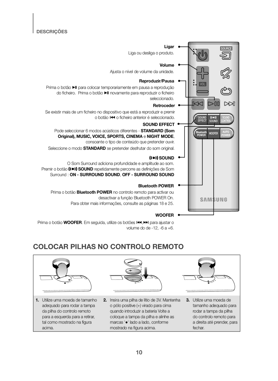 Samsung HW-J6001/ZF, HW-J6000/ZF manual Colocar Pilhas no Controlo Remoto, Ligar, Reproduzir/Pausa, Retroceder 