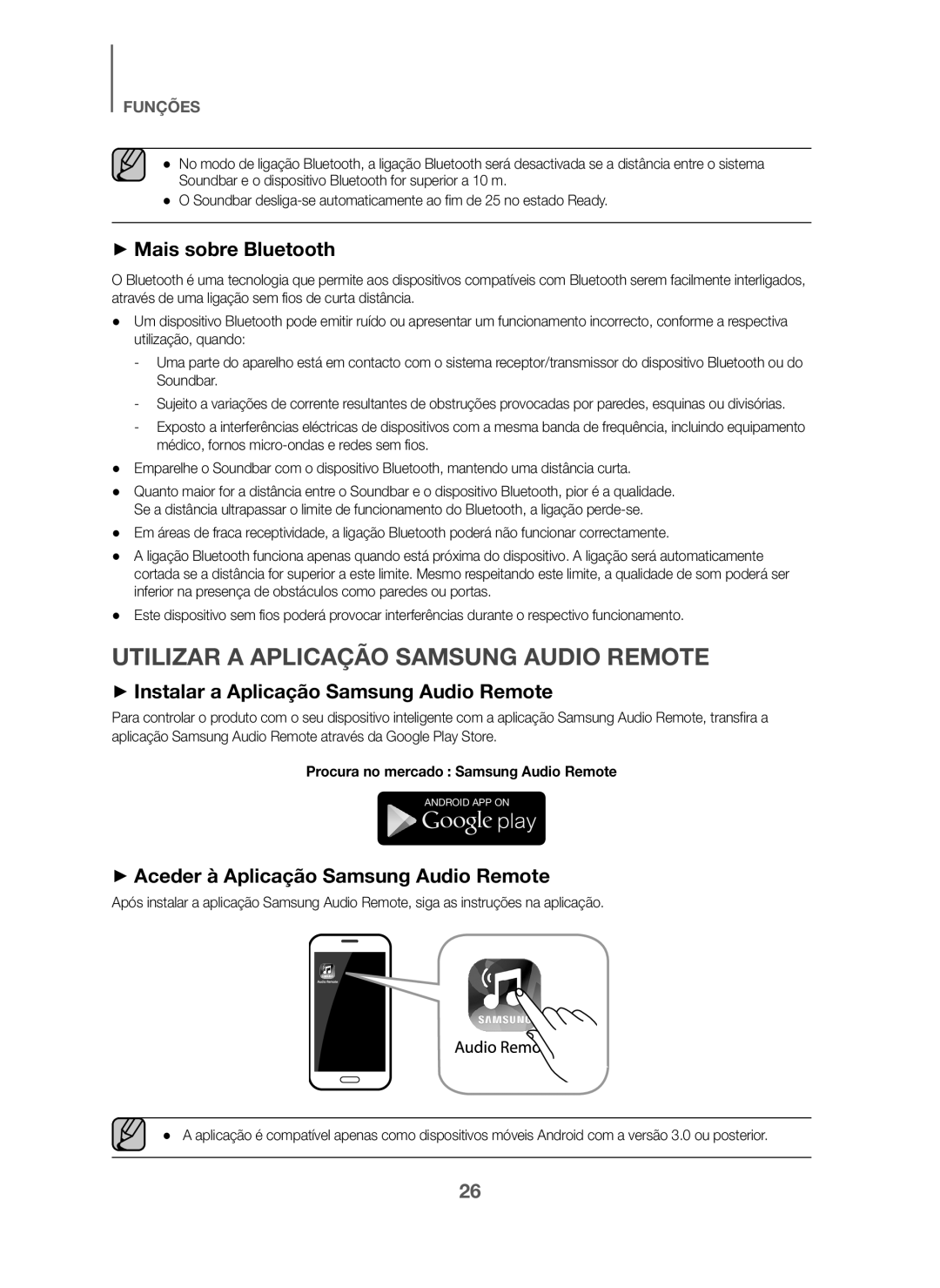 Samsung HW-J6001/ZF, HW-J6000/ZF manual Utilizar a Aplicação Samsung Audio Remote, + Mais sobre Bluetooth 