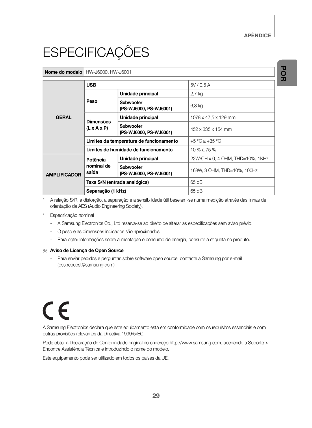 Samsung HW-J6000/ZF, HW-J6001/ZF manual Especificações, 5V / 0,5 a, Peso Unidade principal Subwoofer, PS-WJ6000, PS-WJ6001 