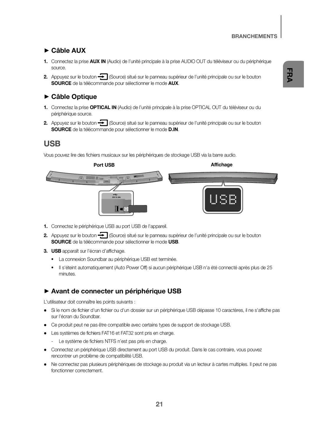 Samsung HW-J6000/ZF, HW-J6001/ZF Usb, + Câble AUX, + Câble Optique, + Avant de connecter un périphérique USB, Port USB 