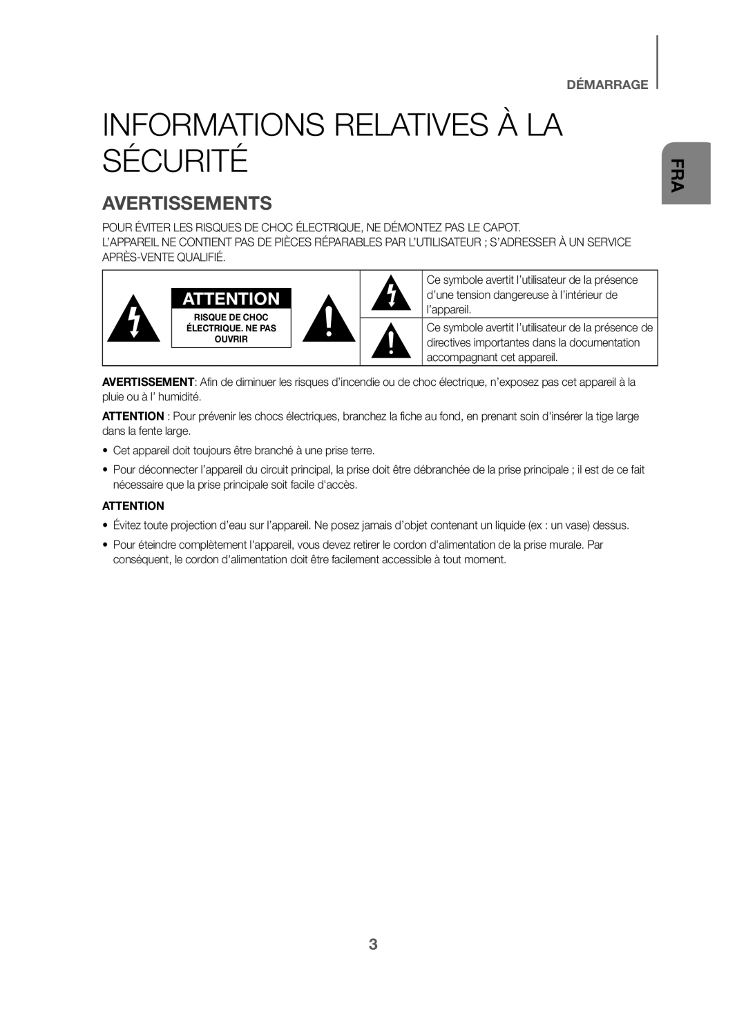 Samsung HW-J6000/ZF manual Informations Relatives À LA Sécurité, Avertissements, ’une tension dangereuse à l’intérieur de 