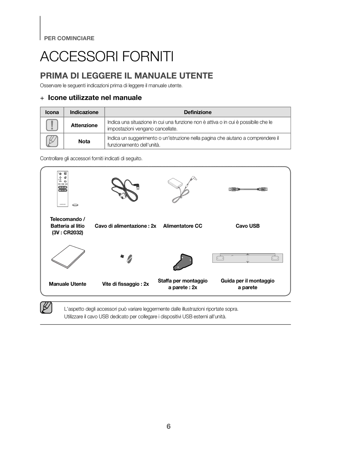 Samsung HW-J6001/ZF, HW-J6000/ZF Accessori Forniti, Prima DI Leggere IL Manuale Utente, + Icone utilizzate nel manuale 