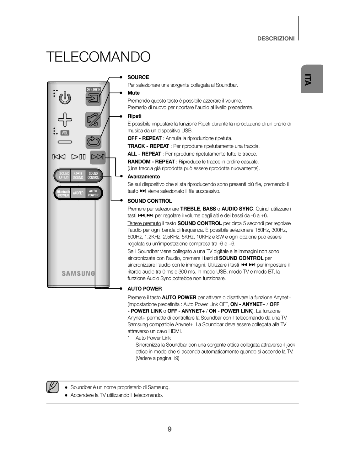 Samsung HW-J6000/ZF, HW-J6001/ZF manual Telecomando, Mute, Ripeti, Avanzamento 