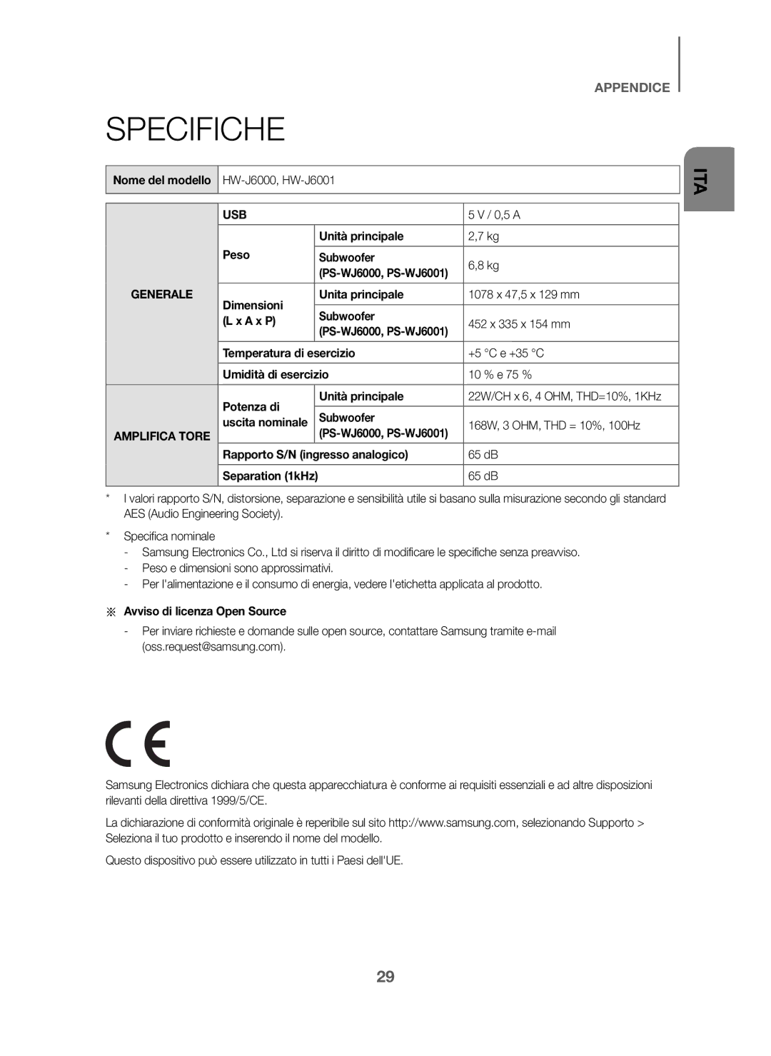 Samsung HW-J6000/ZF, HW-J6001/ZF manual Specifiche 