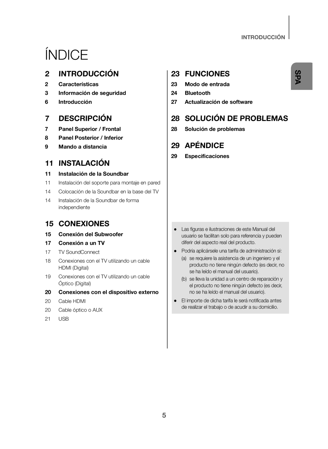 Samsung HW-J6000/ZF manual Índice, Cable Hdmi Cable óptico o AUX 21 USB, Podría aplicársele una tarifa de administración si 