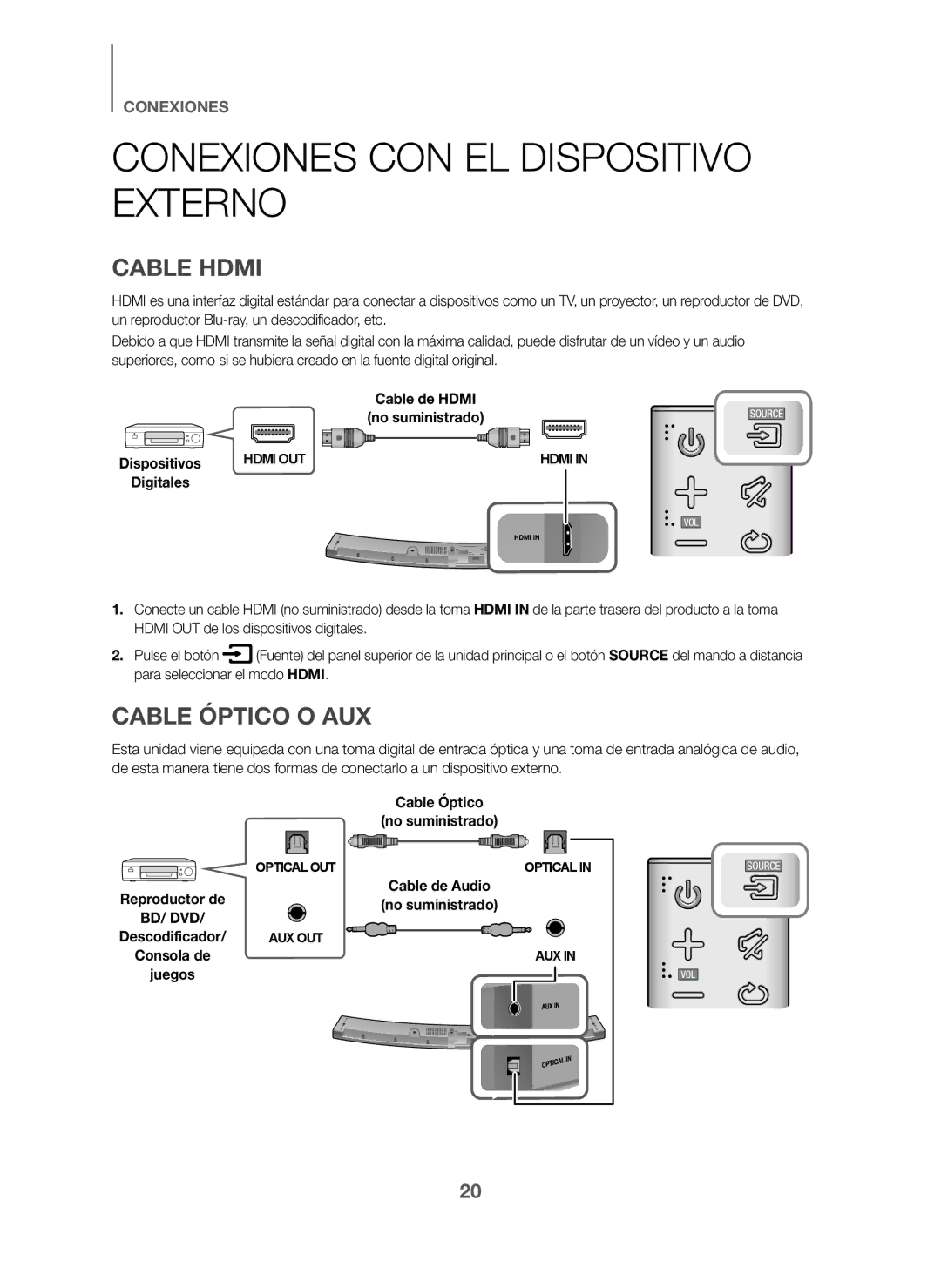 Samsung HW-J6001/ZF, HW-J6000/ZF manual Conexiones CON EL Dispositivo Externo, Cable Hdmi, Cable Óptico O AUX 