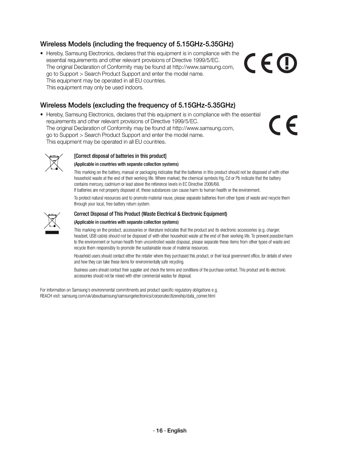 Samsung HW-J6011R/XE, HW-J6010R/XE manual Wireless Models including the frequency of 5.15GHz-5.35GHz, · 16 · English 