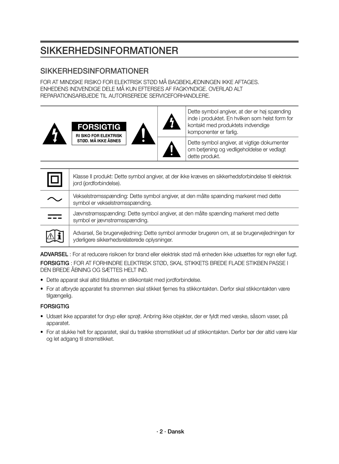 Samsung HW-J6010R/XE, HW-J6011R/XE manual Sikkerhedsinformationer, Forsigtig 