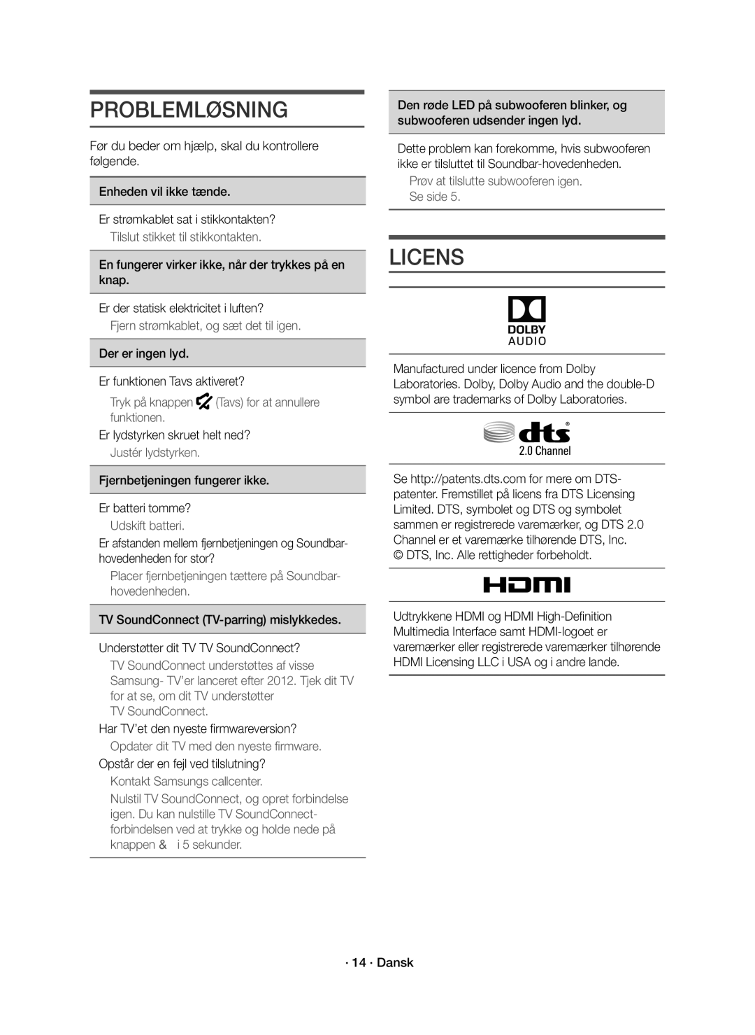 Samsung HW-J6010R/XE, HW-J6011R/XE manual Problemløsning, Licens 