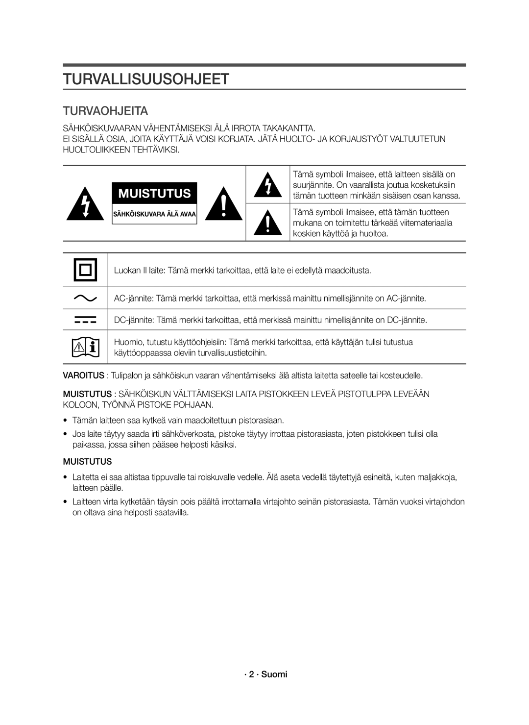 Samsung HW-J6011R/XE, HW-J6010R/XE manual Turvallisuusohjeet, Muistutus 