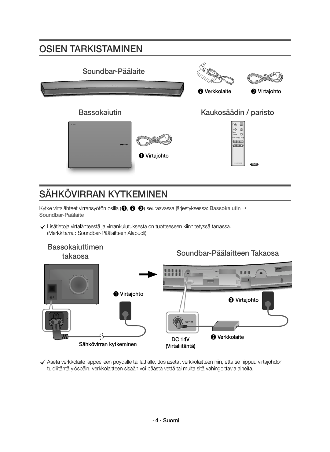 Samsung HW-J6011R/XE, HW-J6010R/XE manual Osien Tarkistaminen, Sähkövirran Kytkeminen, Soundbar-Päälaite, Takaosa 