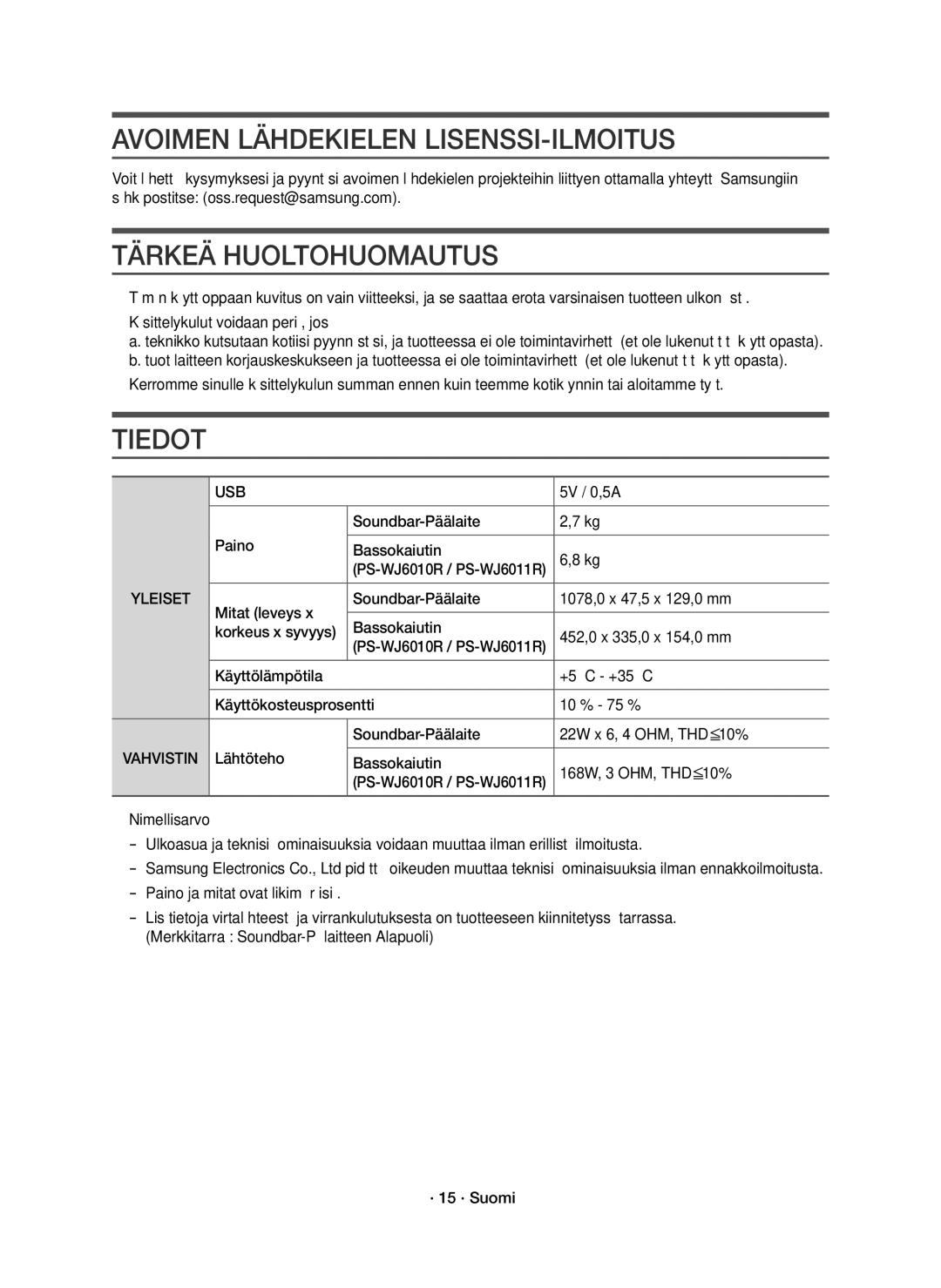 Samsung HW-J6010R/XE, HW-J6011R/XE manual Avoimen Lähdekielen LISENSSI-ILMOITUS, Tärkeä Huoltohuomautus, Tiedot 