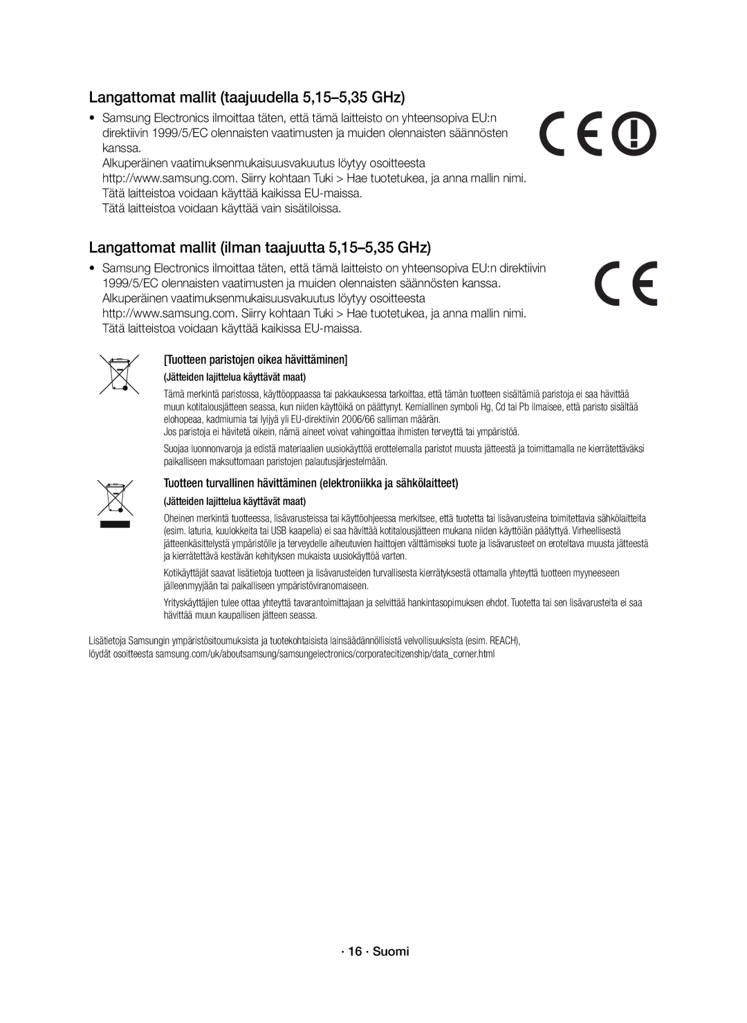 Samsung HW-J6011R/XE, HW-J6010R/XE manual Tuotteen paristojen oikea hävittäminen, · 16 · Suomi 