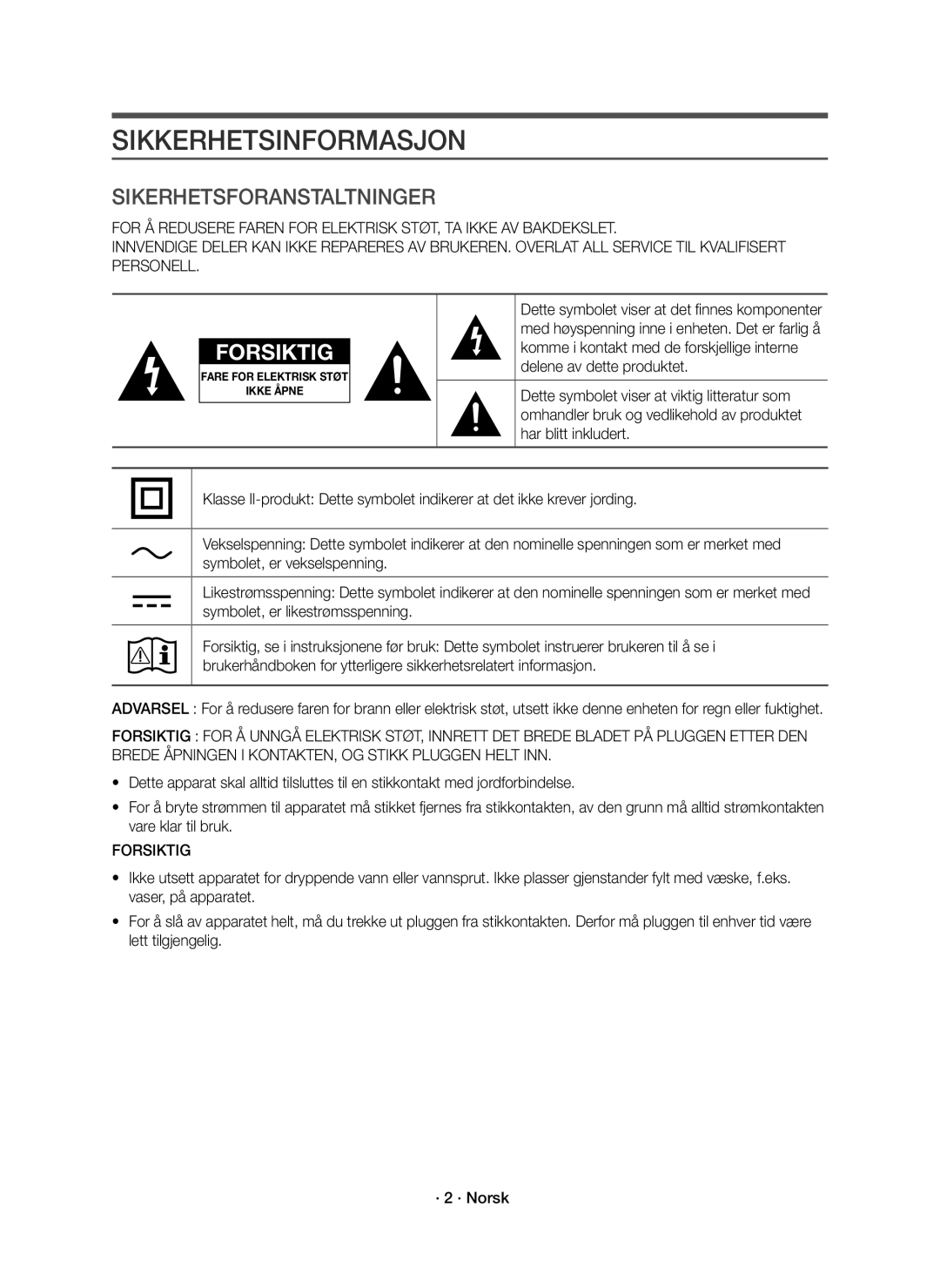 Samsung HW-J6010R/XE, HW-J6011R/XE manual Sikkerhetsinformasjon, Forsiktig 