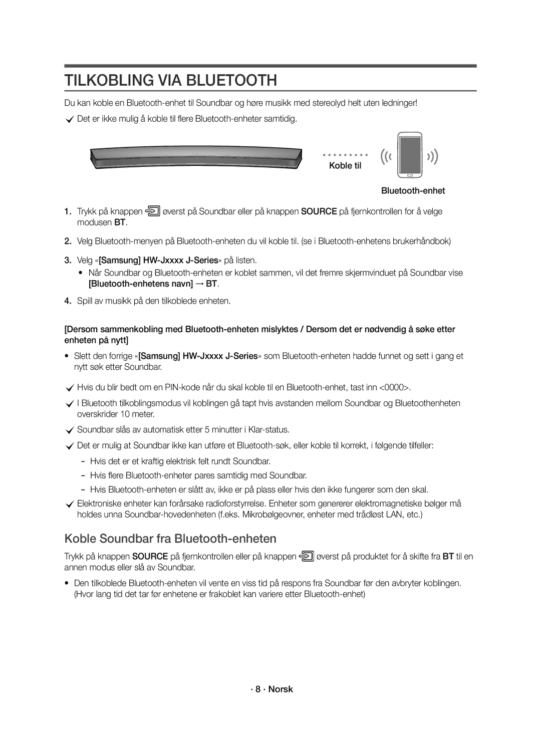 Samsung HW-J6010R/XE, HW-J6011R/XE manual Tilkobling VIA Bluetooth, Koble Soundbar fra Bluetooth-enheten 