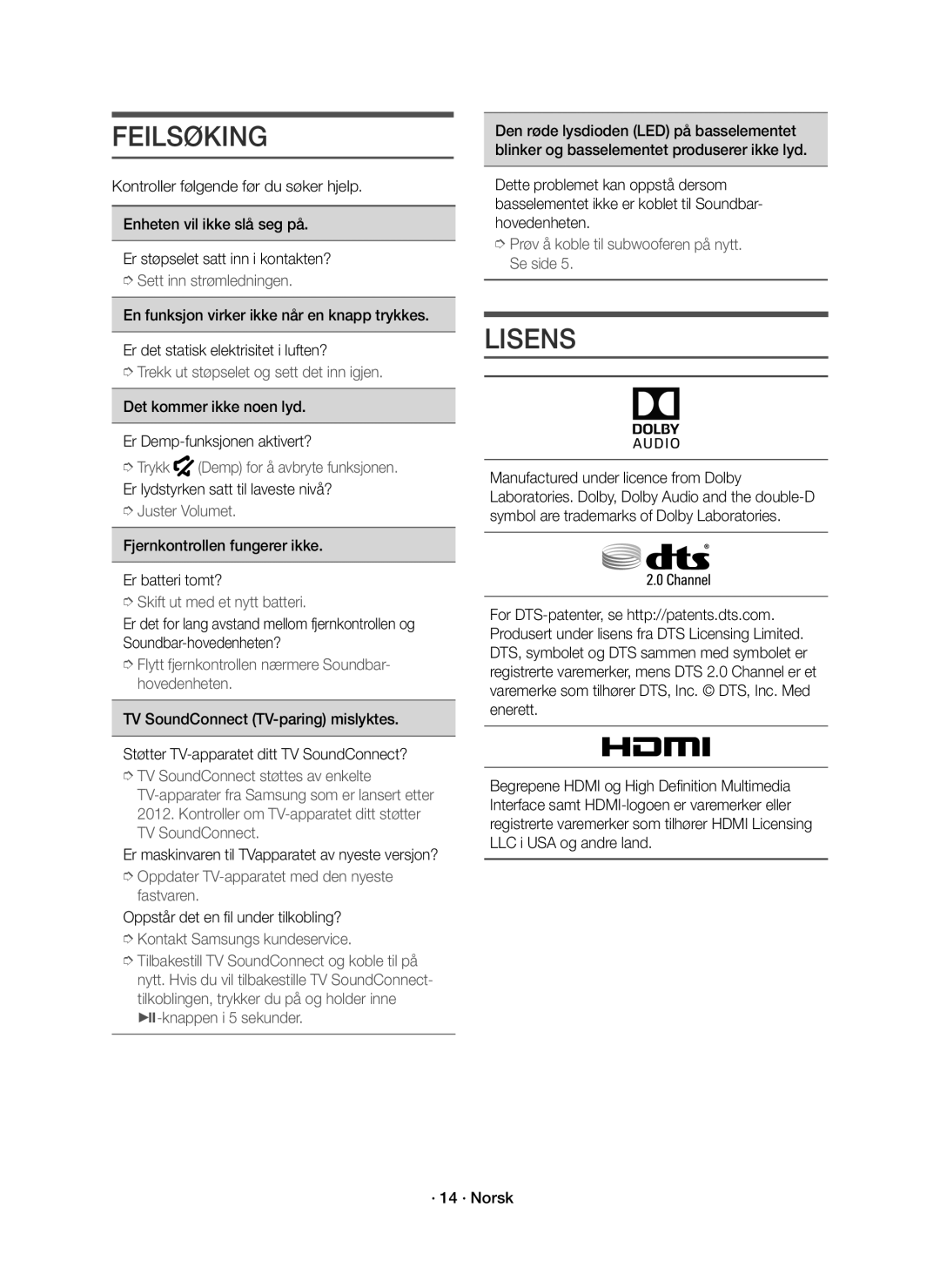 Samsung HW-J6010R/XE, HW-J6011R/XE manual Feilsøking, Lisens 