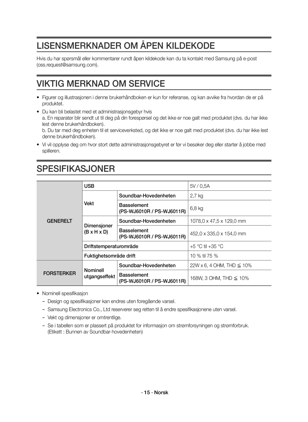 Samsung HW-J6011R/XE manual Lisensmerknader OM Åpen Kildekode, Viktig Merknad OM Service, Spesifikasjoner, Forsterker 