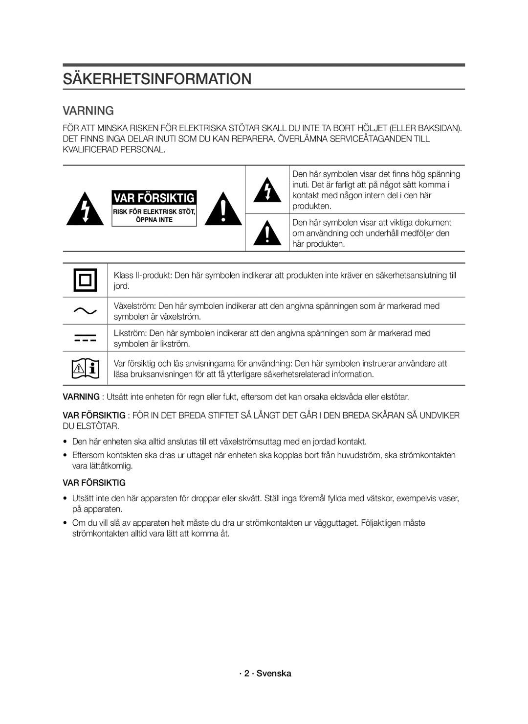 Samsung HW-J6011R/XE, HW-J6010R/XE manual Säkerhetsinformation, VAR Försiktig 