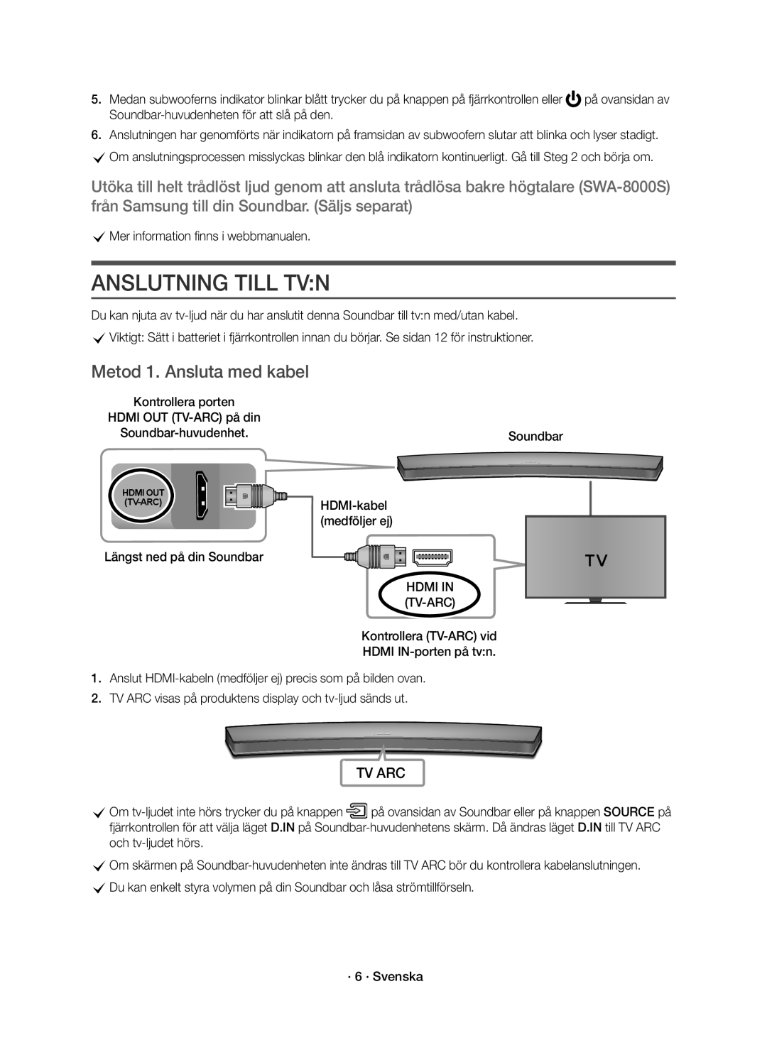 Samsung HW-J6011R/XE, HW-J6010R/XE Anslutning Till TVN, Metod 1. Ansluta med kabel, CMer information finns i webbmanualen 