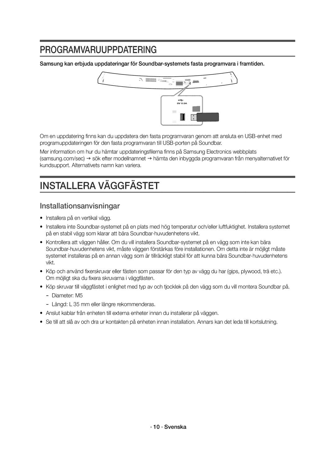 Samsung HW-J6011R/XE, HW-J6010R/XE manual Programvaruuppdatering, Installera Väggfästet, Installationsanvisningar 