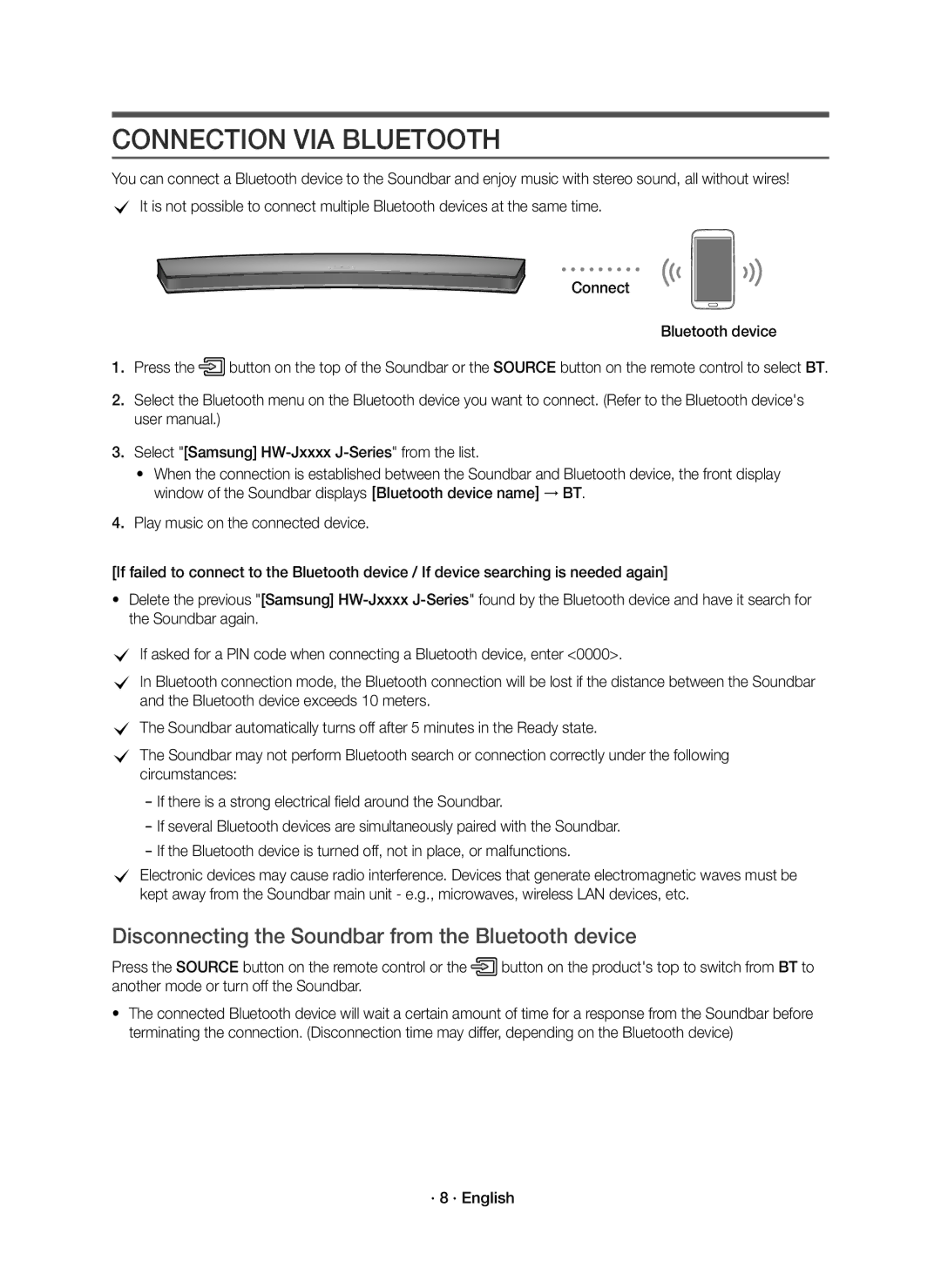 Samsung HW-J6011R/XE manual Connection VIA Bluetooth, Disconnecting the Soundbar from the Bluetooth device, · 8 · English 