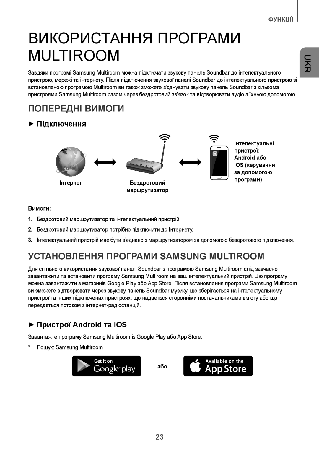 Samsung HW-J6500R/RU manual Використання Програми Multiroom, Попередні Вимоги, Установлення Програми Samsung Multiroom 