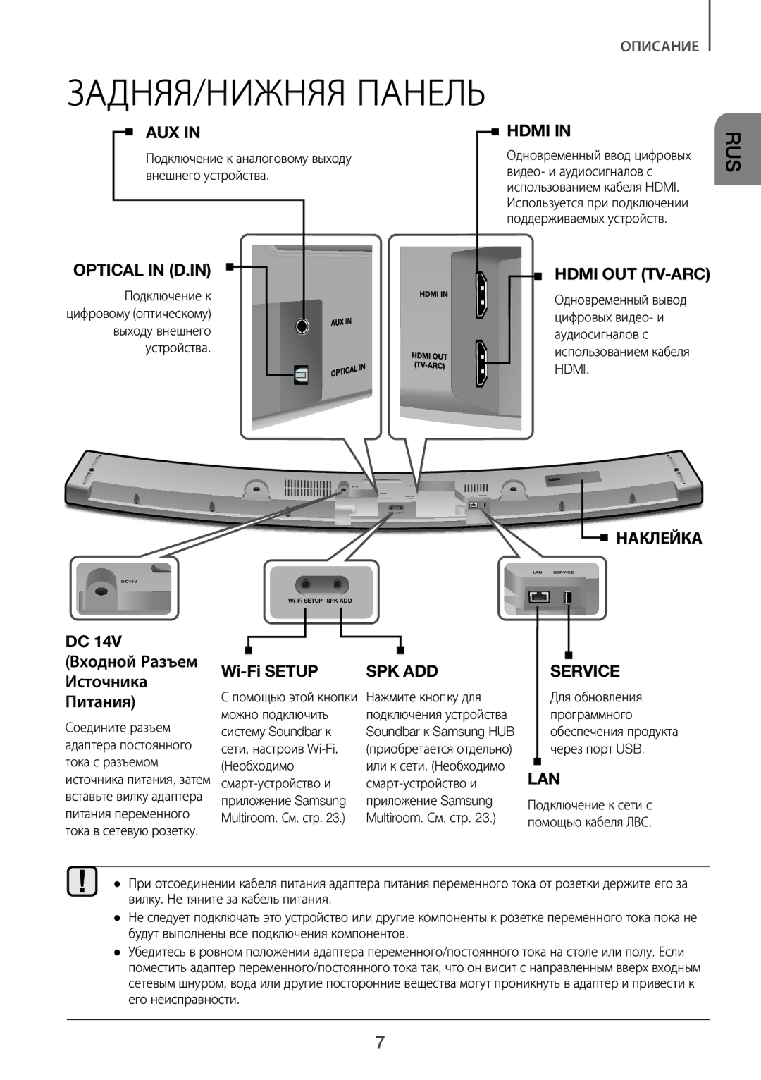 Samsung HW-J6500R/RU manual ЗАДНЯЯ/НИЖНЯЯ Панель, Подключение к аналоговому выходу внешнего устройства 