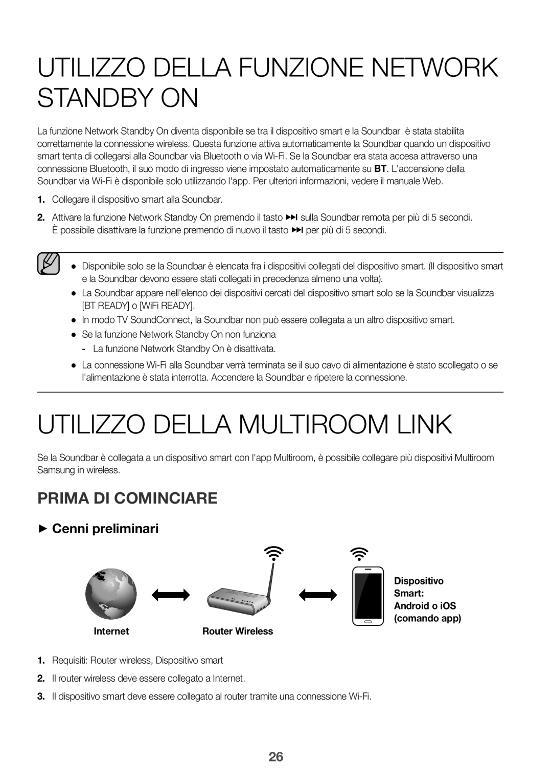 Samsung HW-J6501/ZF manual Utilizzo Della Funzione Network Standby on, Utilizzo Della Multiroom Link, Prima DI Cominciare 