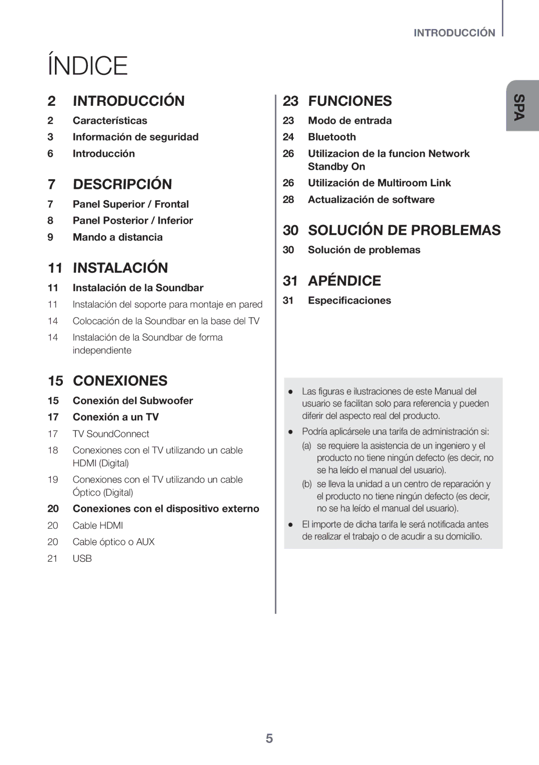 Samsung HW-J6500/ZF manual Índice, Cable Hdmi Cable óptico o AUX 21 USB, Podría aplicársele una tarifa de administración si 