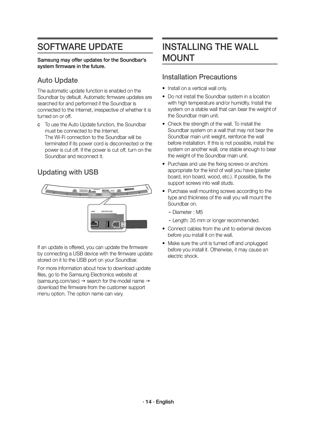 Samsung HW-J6501R/XN Software Update, Installing the Wall Mount, Auto Update, Updating with USB, Installation Precautions 