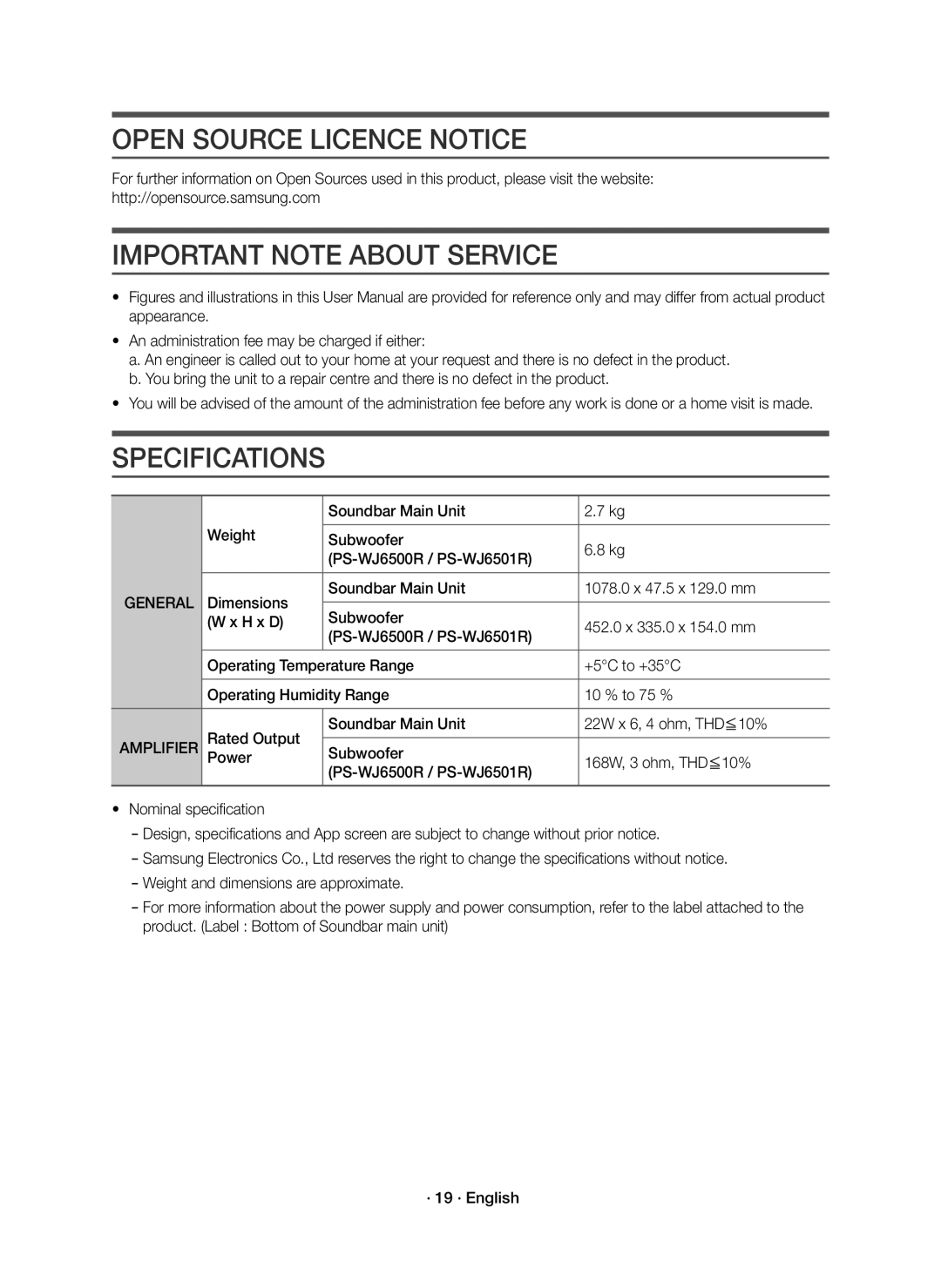 Samsung HW-J6500R/XN, HW-J6501R/EN Open Source Licence Notice, Important Note about Service, Specifications, Amplifier 