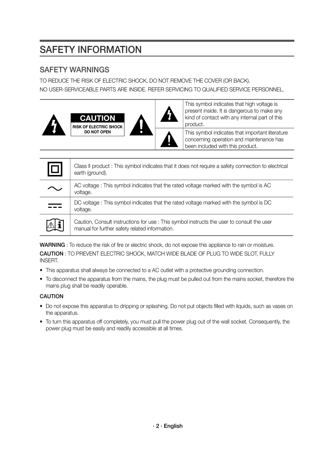 Samsung HW-J6501R/XN, HW-J6501R/EN, HW-J6500R/EN, HW-J6500R/XN manual Safety Information, Safety Warnings 