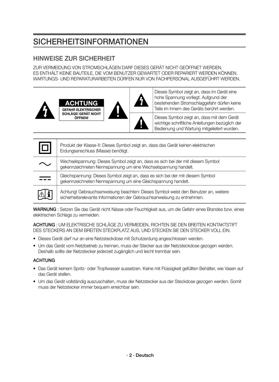 Samsung HW-J6500R/EN, HW-J6501R/EN, HW-J6501R/XN, HW-J6500R/XN manual Sicherheitsinformationen, Achtung 