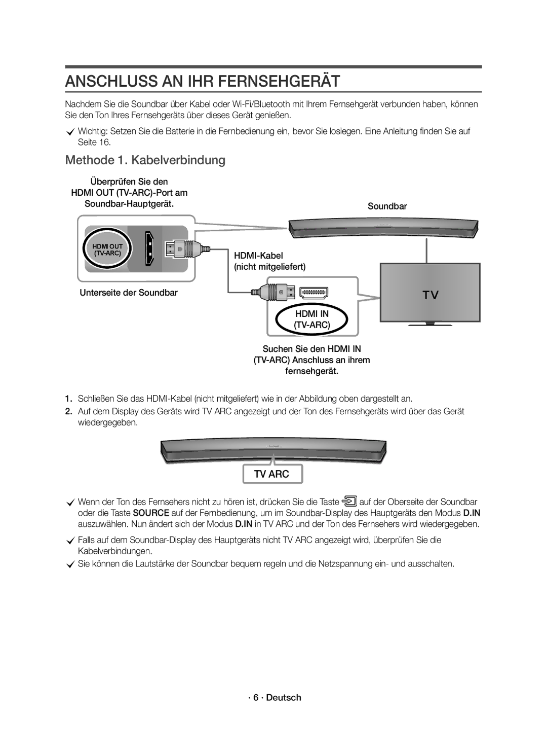 Samsung HW-J6500R/EN, HW-J6501R/EN, HW-J6501R/XN manual Anschluss AN IHR Fernsehgerät, Methode 1. Kabelverbindung, HDMI-Kabel 