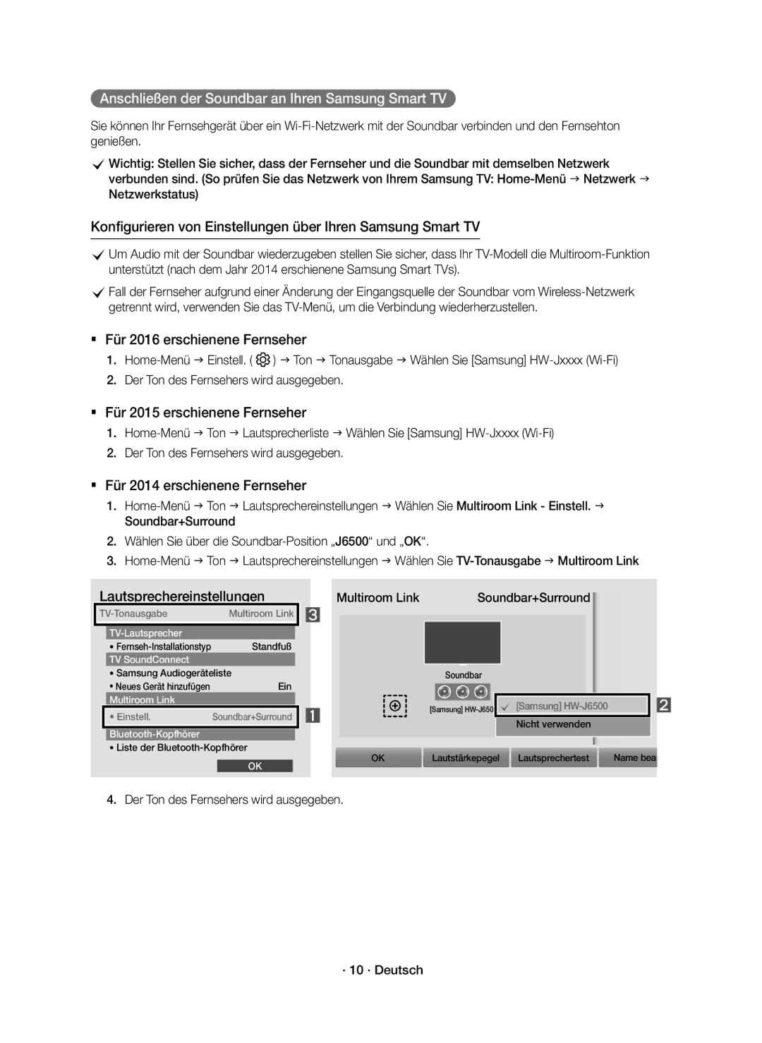 Samsung HW-J6500R/EN, HW-J6501R/EN Multiroom Link Soundbar+Surround, Der Ton des Fernsehers wird ausgegeben · 10 · Deutsch 